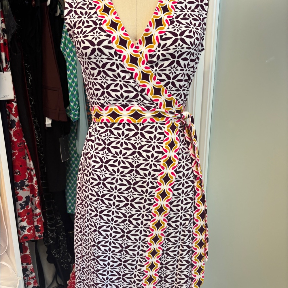 Diane Von Furstenberg Geometric Wrap Dress in Purple and Yellow